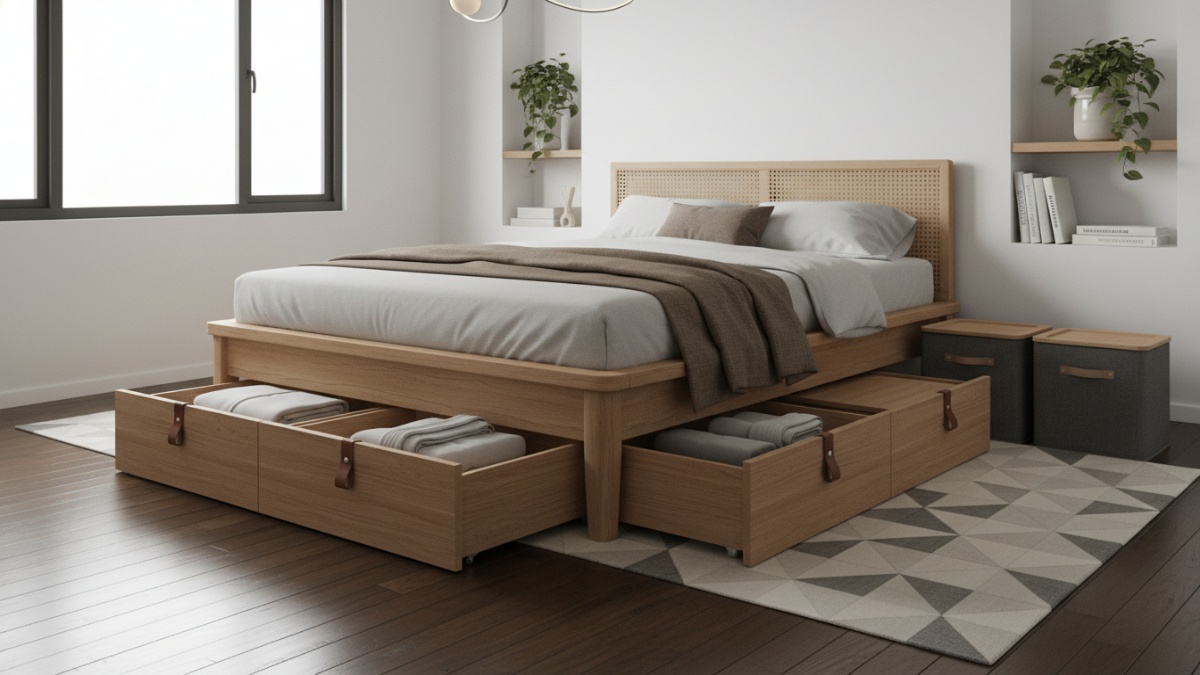 Teknik yang disarankan pada sumber rujukan menekankan penggunaan storage tersembunyi seperti laci tarik, kotak geser, atau storage bed built-in.