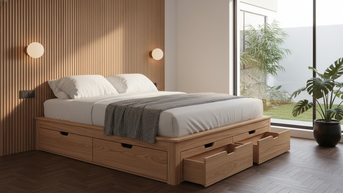 Contoh laci built-in di rangka ranjang untuk kamar sempit