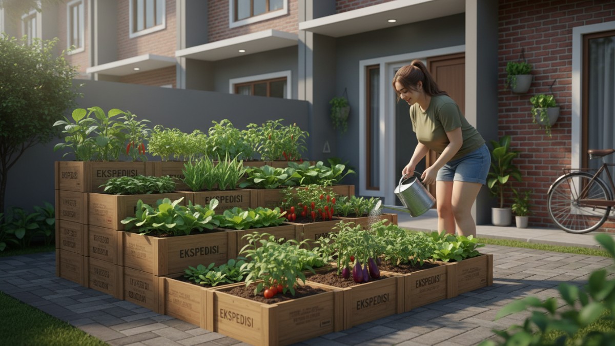 Susunan kebun sayur modular dari peti kayu bekas di halaman rumah urban.