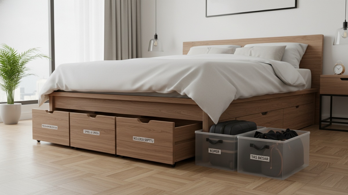 Kotak penyimpanan beroda di bawah tempat tidur dan Label kategori pada bin storage bawah ranjang