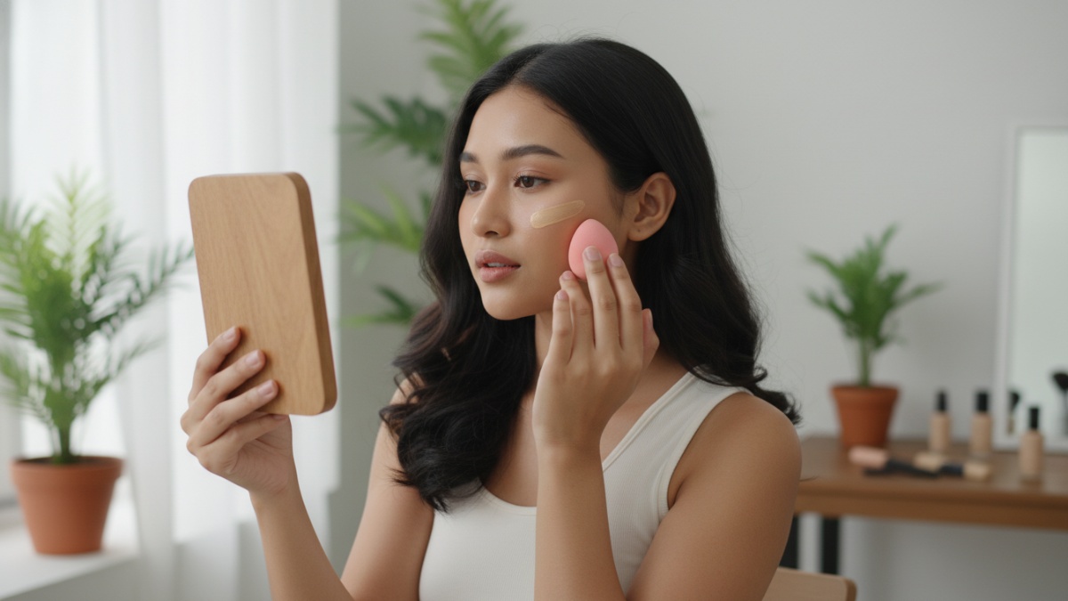 Aplikasi foundation menggunakan sponge lembap untuk hasil natural