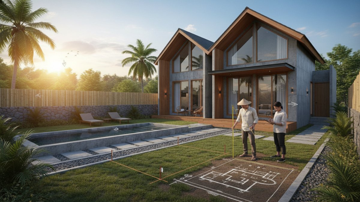 Proses pengukuran lahan taman sebelum desain kolam dibuat
