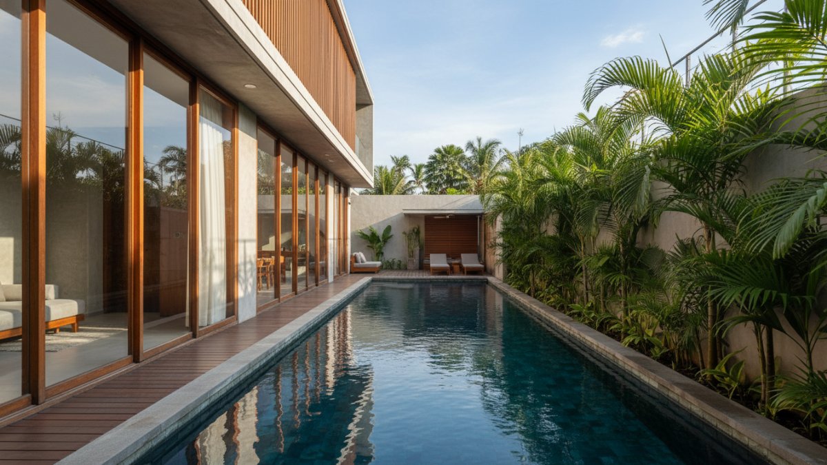 Contoh kolam renang memanjang di halaman rumah