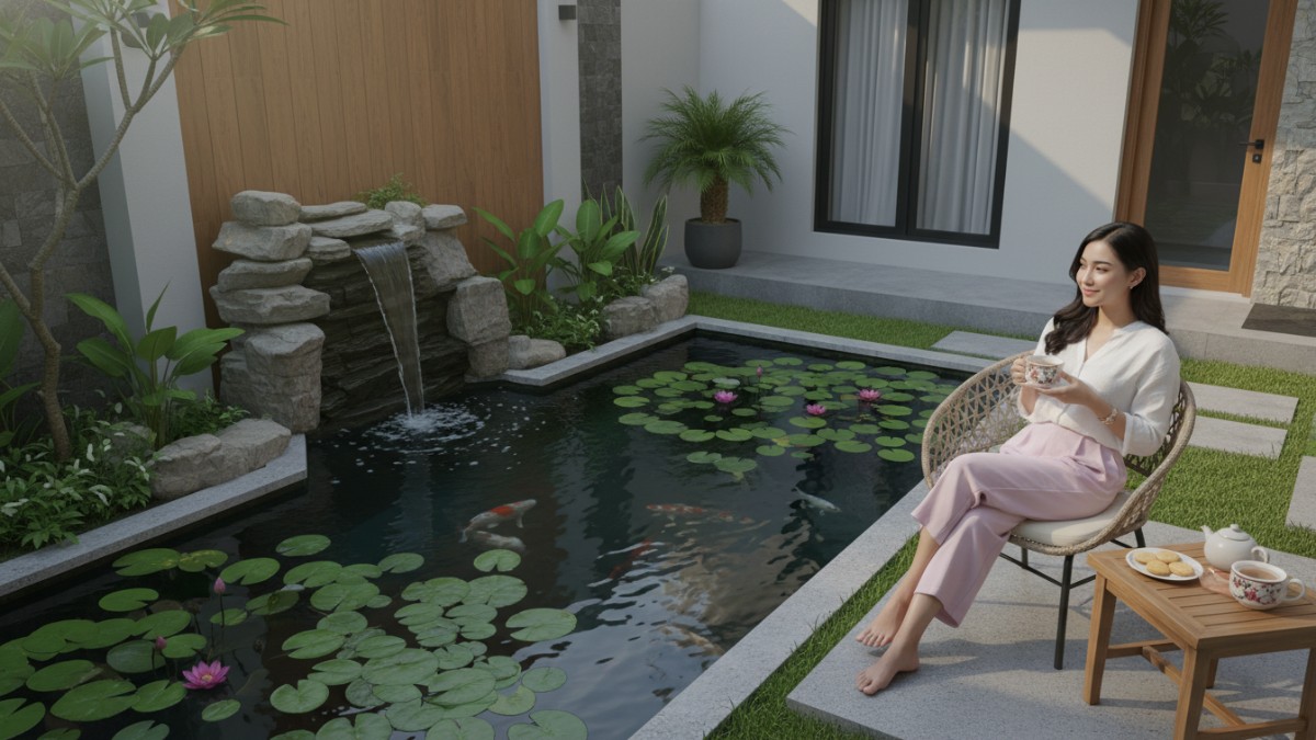 Kolam rumah dengan tanaman air tertata rapi menciptakan ekosistem seimbang dan tampilan alami.