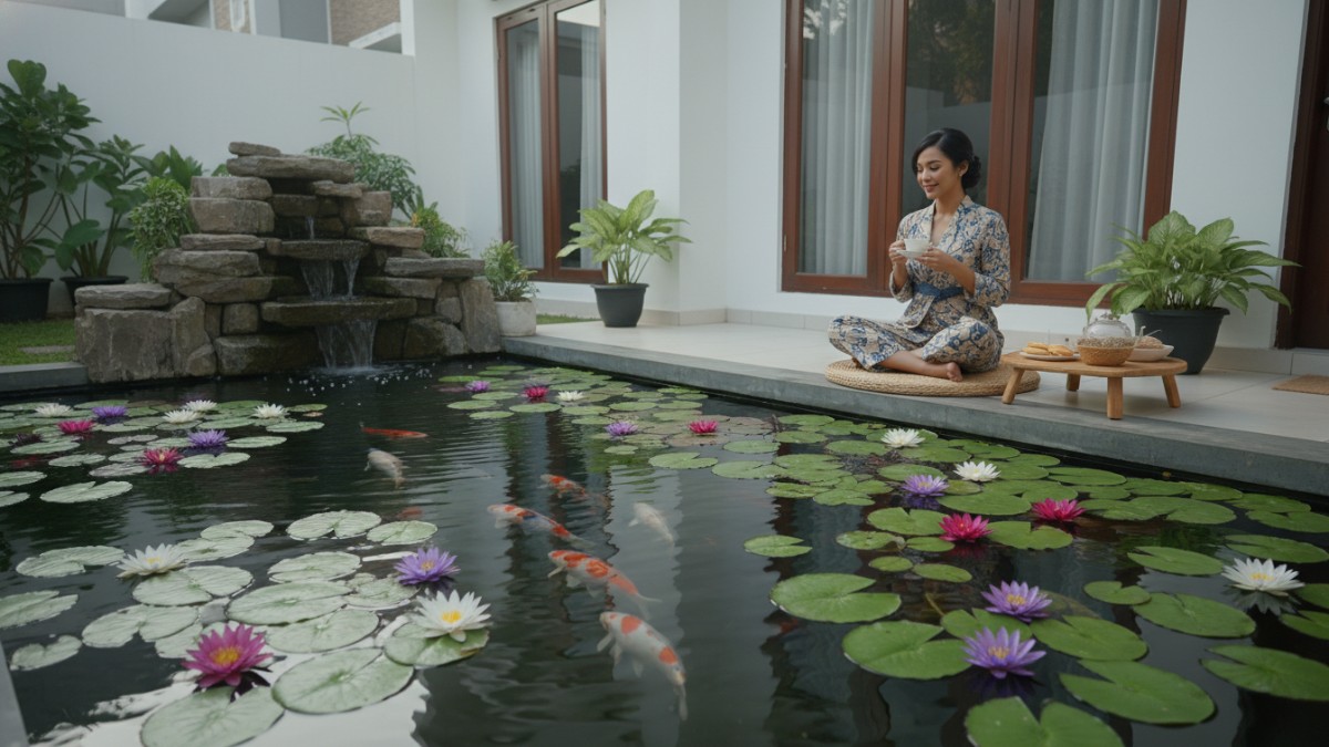 Kolam rumah sehat dengan kombinasi tanaman terapung dan tenggelam.