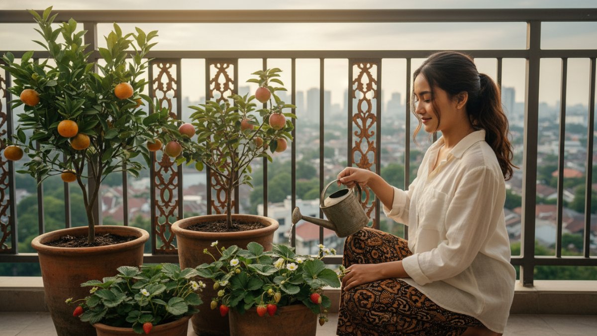 Kebun buah dalam pot tertata di teras rumah urban dengan tanaman kerdil produktif.