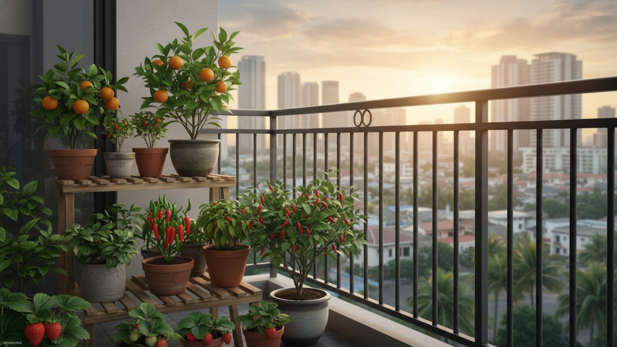 Balkon hunian dengan pot buah tersusun rapi.