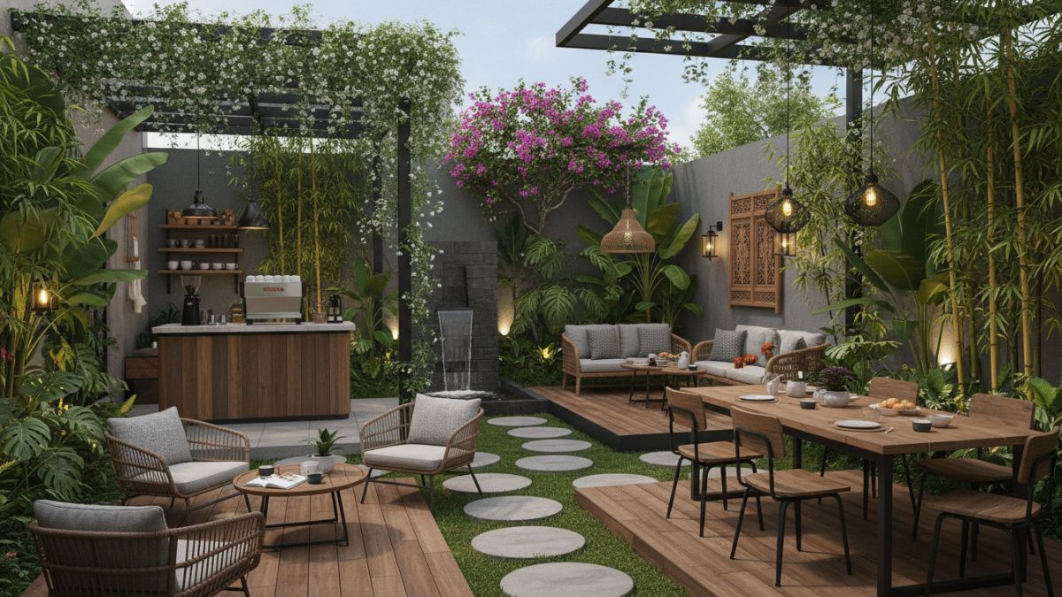 Gambar utama: Taman rumah konsep kafe outdoor dengan area duduk dan lampu hangat, coba terapkan Cess