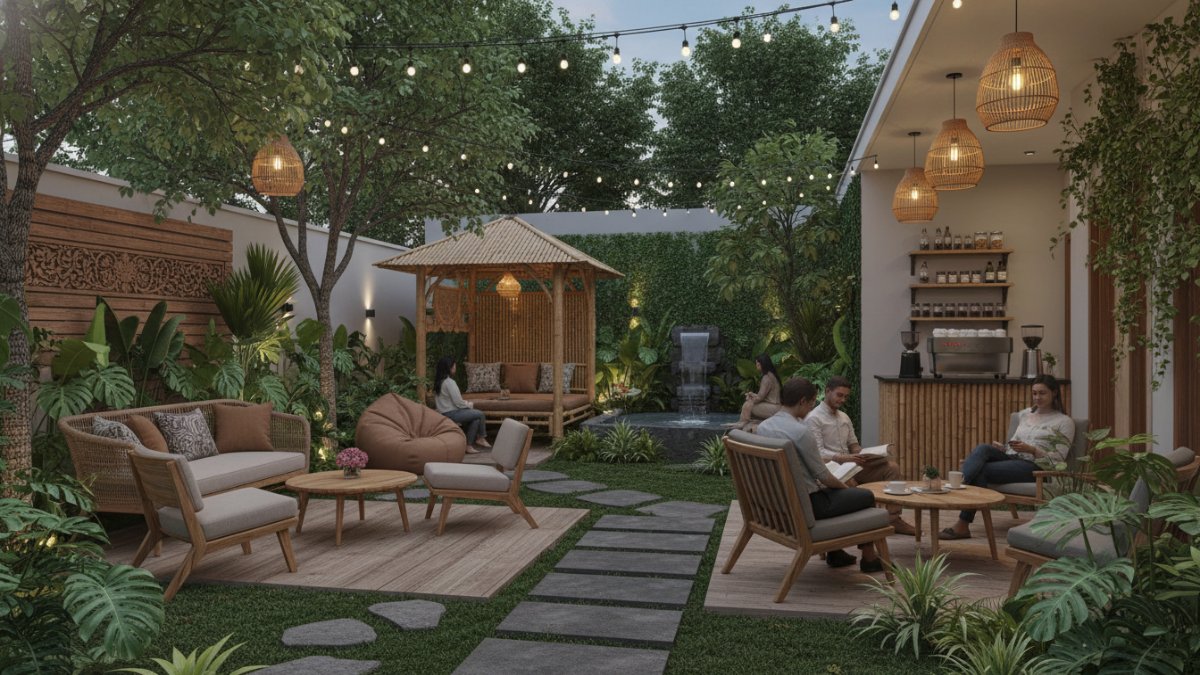 Tata zona taman dengan jalur setapak dan titik duduk