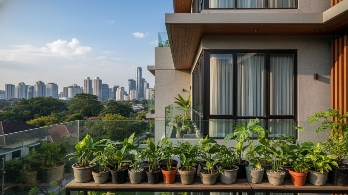 Deretan tanaman hijau di pot kecil menghiasi balkon rumah urban.