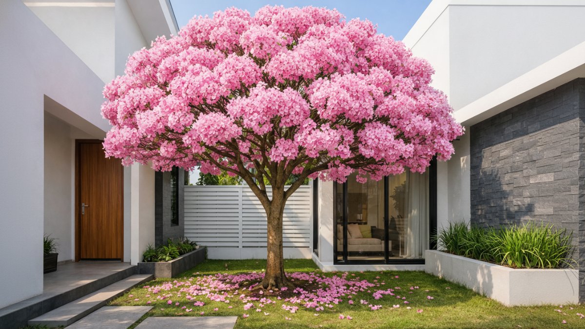 Tabebuya pink berbunga serempak di halaman rumah modern.