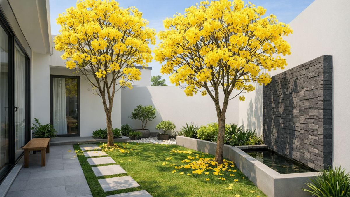 Tabebuya kuning di halaman minimalis rumah modern dengan ruang terbuka rapi.