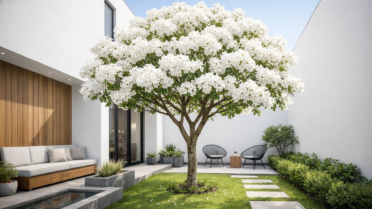 Tabebuya putih di halaman minimalis rumah modern dengan ruang terbuka rapi.