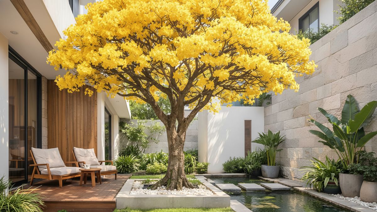 Pohon tabebuya berbunga cerah menghiasi halaman rumah modern dengan pencahayaan alami.