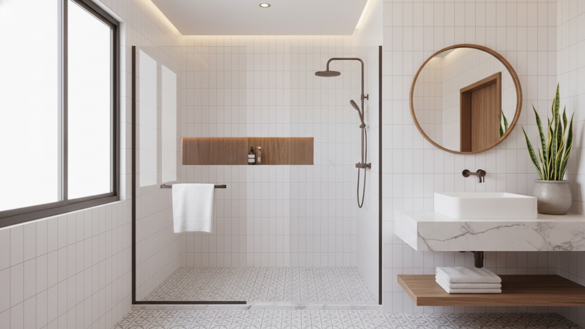 Ilustrasi kamar mandi modern dengan sekat kaca shower transparan 