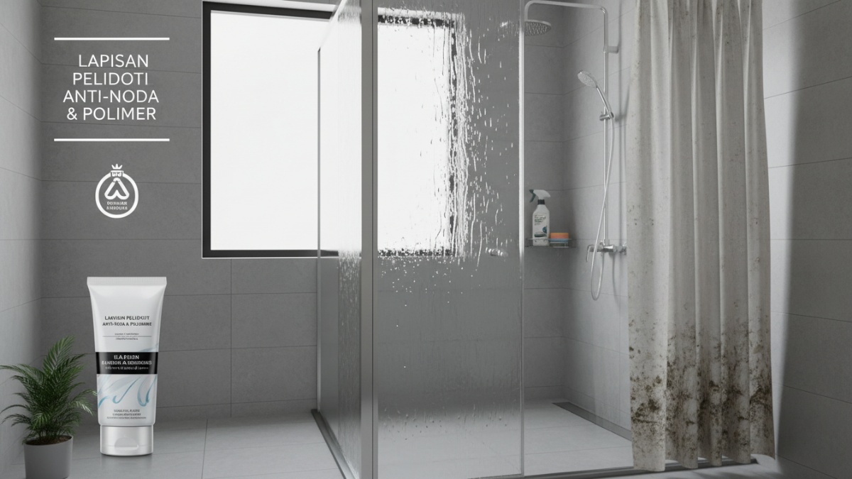 Proses membersihkan pintu kaca shower dengan squeegee