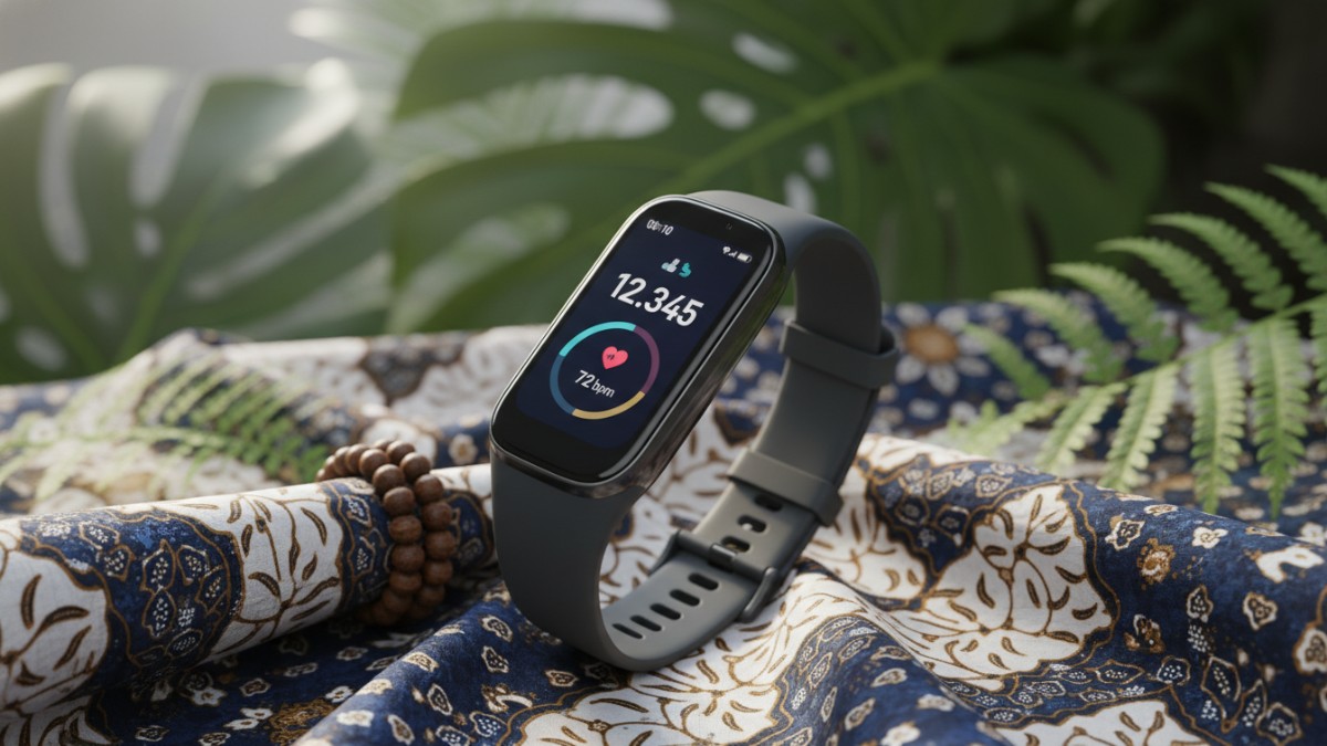 Tampilan layar Galaxy Fit3 dengan pelacakan langkah dan detak jantung.