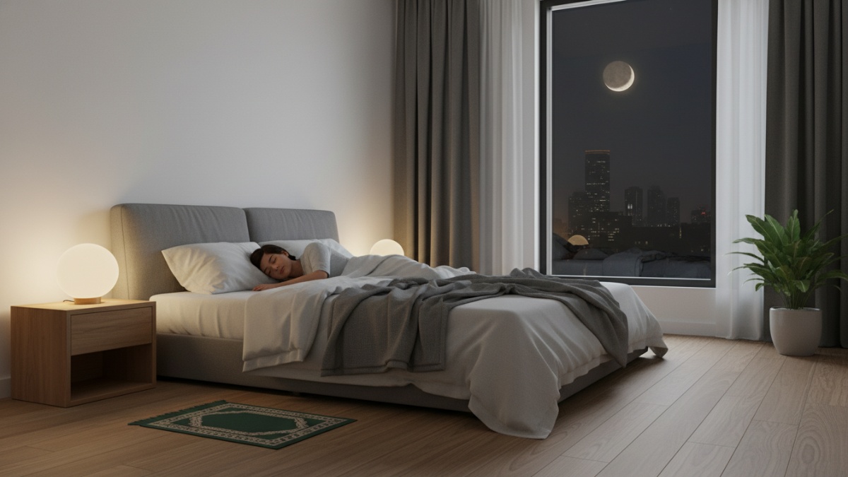 Suasana tidur nyaman di kamar saat bulan puasa dengan pencahayaan lembut.
