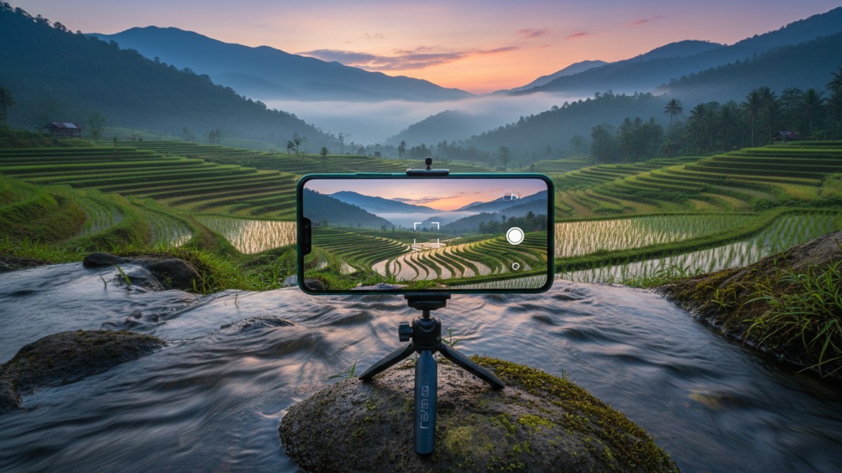 Posisi ponsel stabil menggunakan tripod kecil saat memotret.