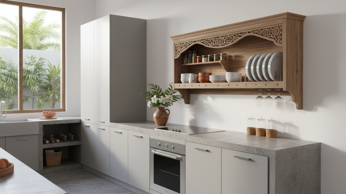 Rak piring kayu di dapur minimalis tampil rapi dan natural, solusi estetik fungsional Cess