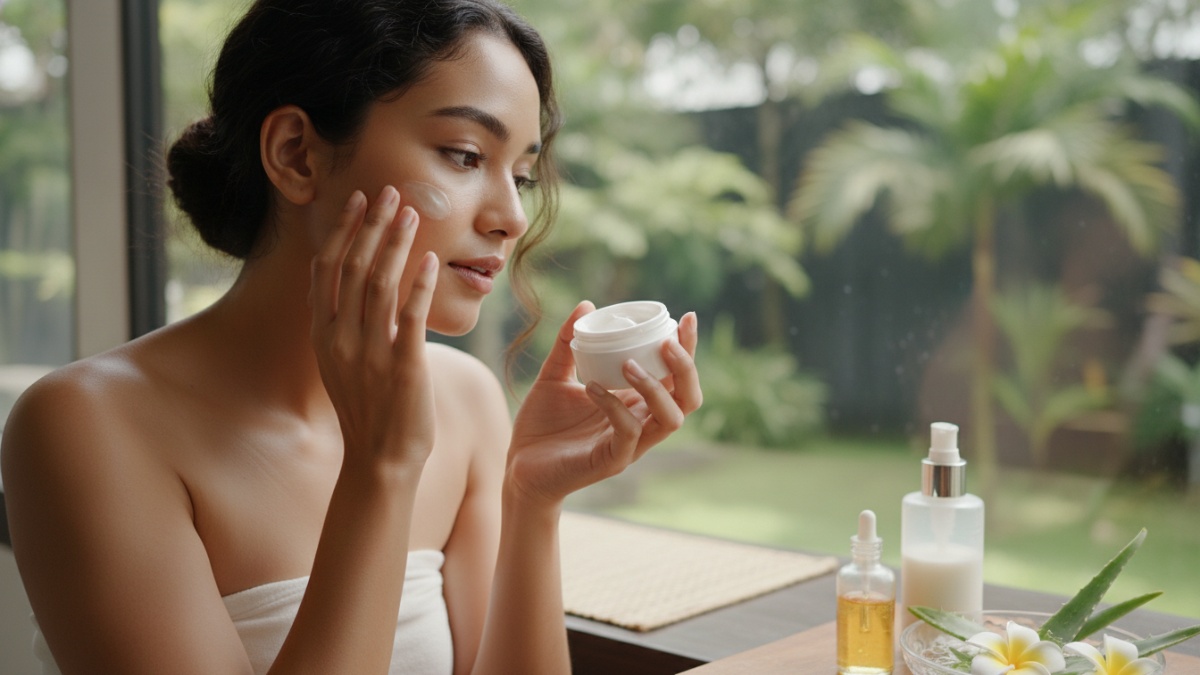 Rutinitas skincare harian dengan tekstur krim dan serum untuk kulit kering.