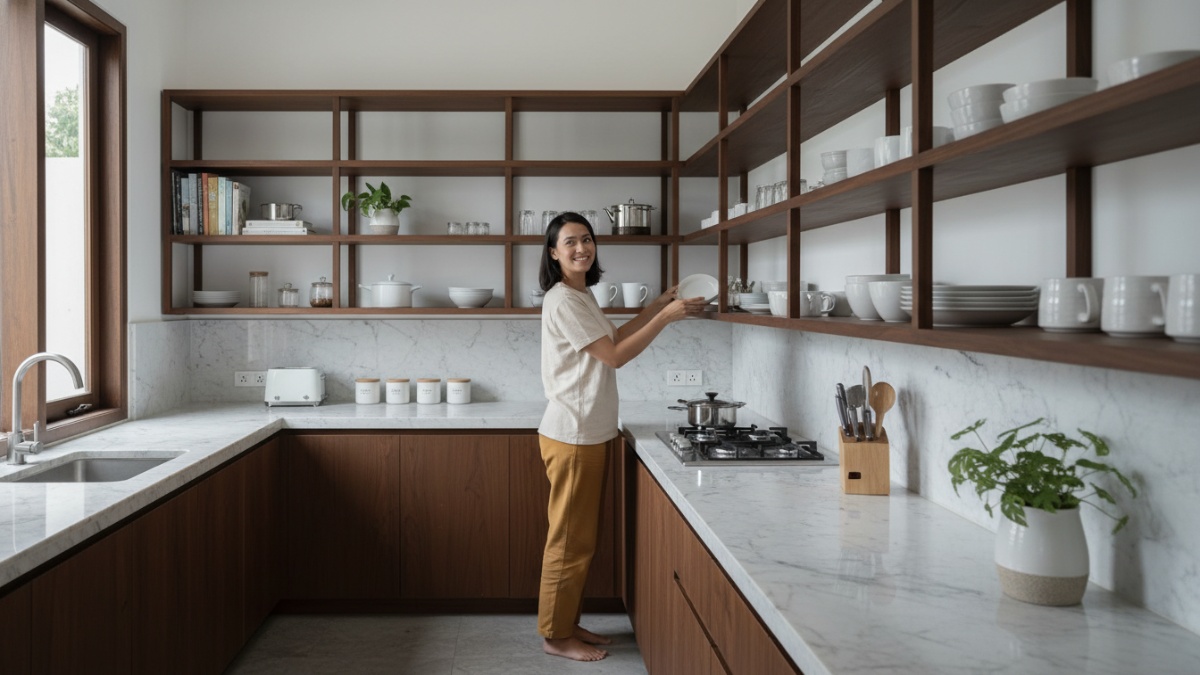 Rak gantung yang memaksimalkan ruang dinding dapur. 