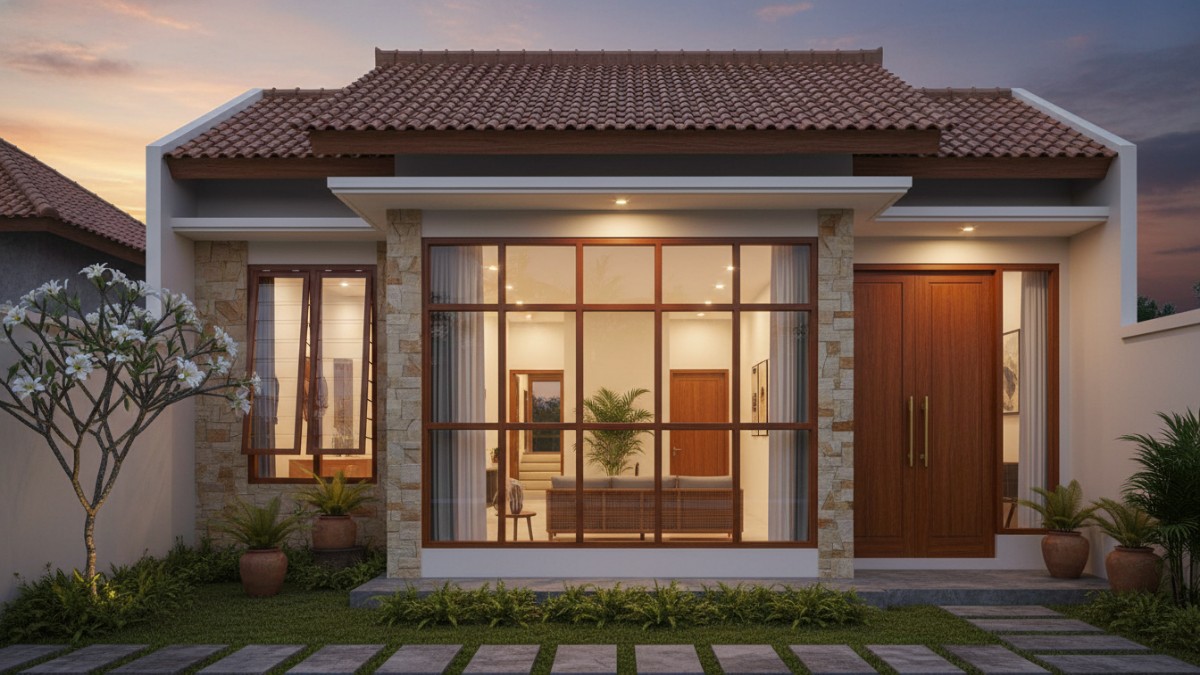 Tampilan jendela depan rumah modern dengan kaca lebar dan fasad terang