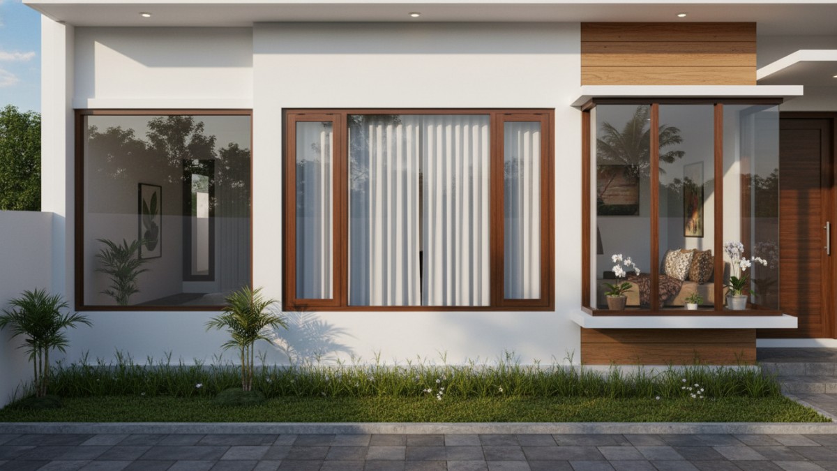 Model jendela geser dan fixed window di fasad rumah dan Bay window menjorok keluar membentuk ceruk ruang
