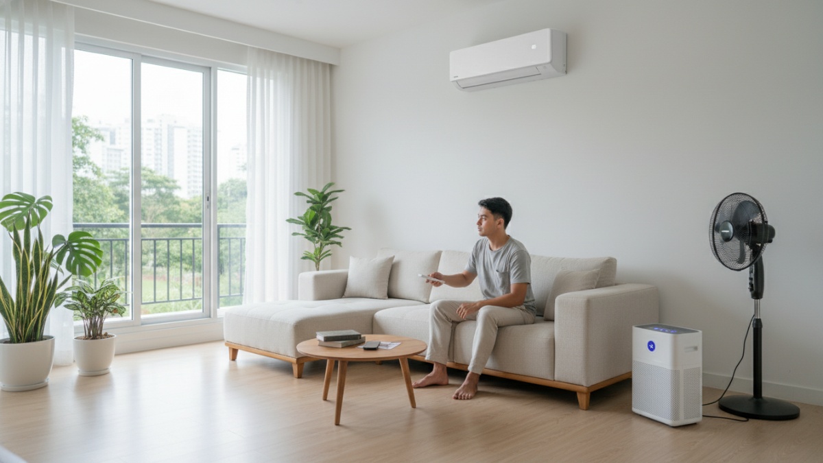 Ruang rumah modern dengan perangkat pengatur udara yang menunjang kenyamanan.