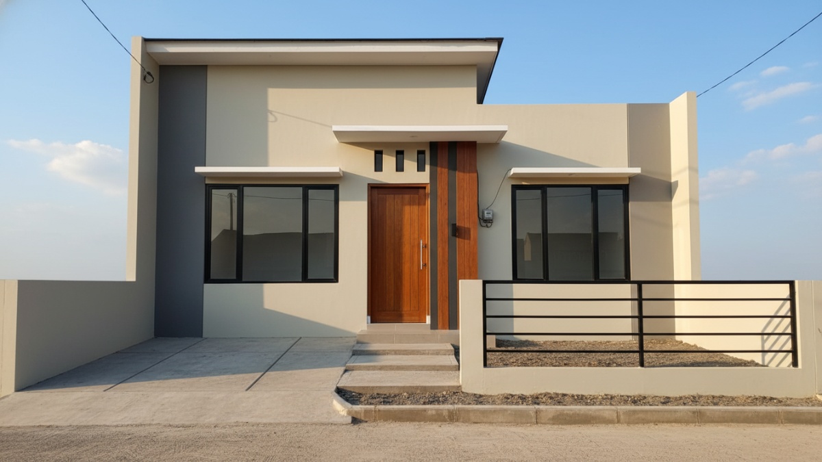Rumah kecil dengan fasad netral dan tampilan rapi.