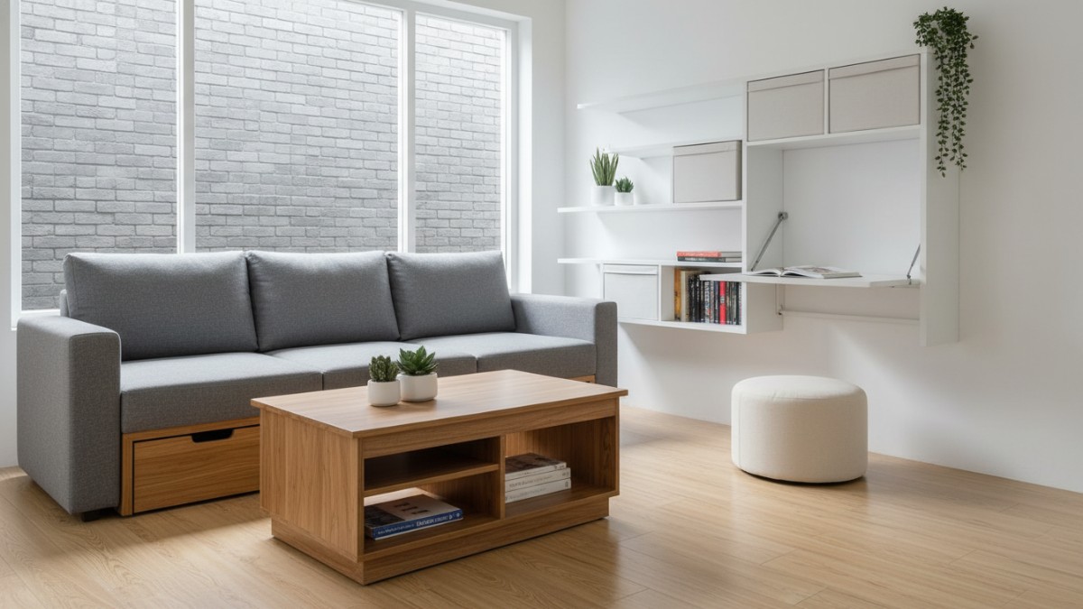 Interior rumah kecil dengan furnitur multifungsi.