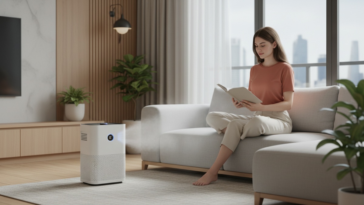 Air purifier aktif menyaring udara di ruang keluarga.