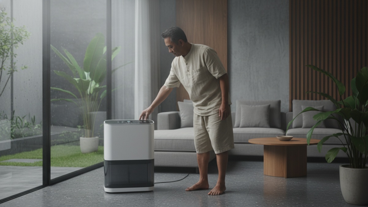 Dehumidifier bekerja di area dengan kelembapan tinggi.