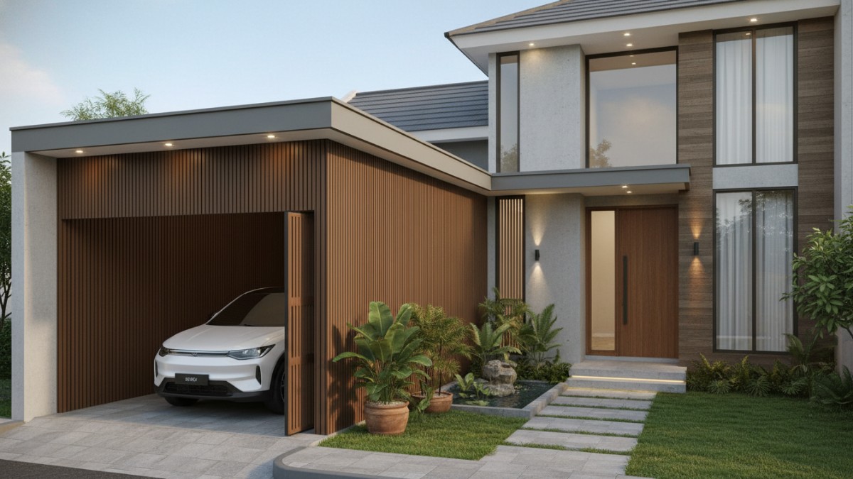 Area sisi rumah dimanfaatkan sebagai garasi mobil rapi