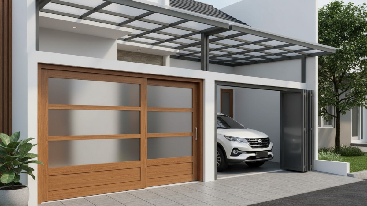 Model pintu garasi geser dan lipat hemat ruang, Kanopi aluminium transparan memberi cahaya alami ke garasi