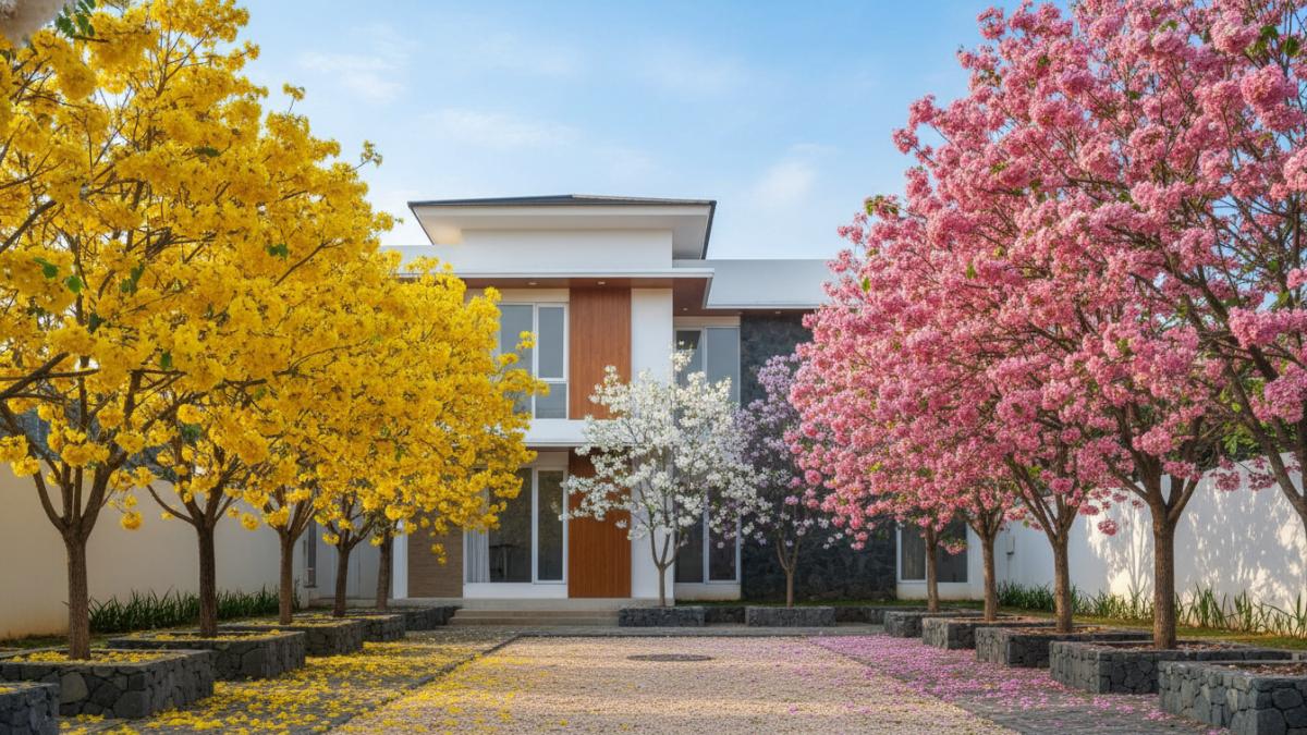 Perbandingan warna bunga Tabebuya di halaman rumah.