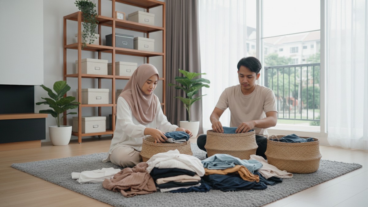 Proses sortir pakaian sebelum penataan.