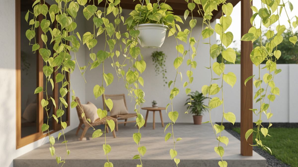 Sirih Gading menjuntai cantik dari pot gantung, bikin visual teras hidup.