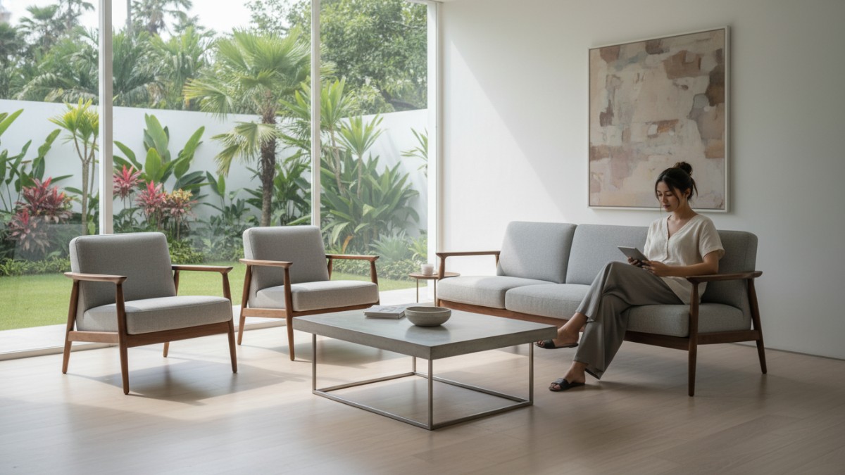 Furnitur ramping dengan kaki terbuka.