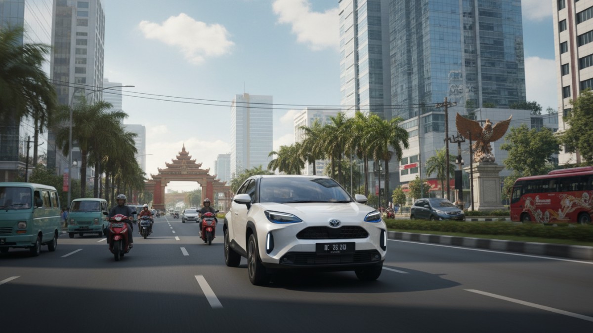 Gambar utama: Toyota Yaris Cross Hybrid melaju di jalan kota menggambarkan efisiensi bahan bakar kendaraan modern.