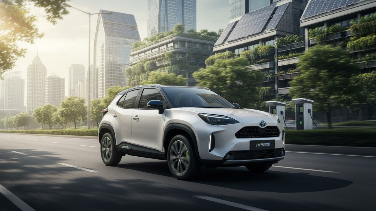 Tampilan Yaris Cross Hybrid di area perkotaan dengan fokus pada konsep hemat energi.