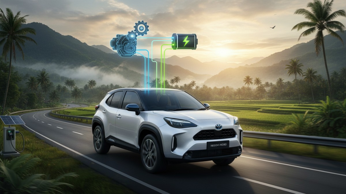 Ilustrasi sistem hybrid yang menggabungkan mesin bensin dan motor listrik.