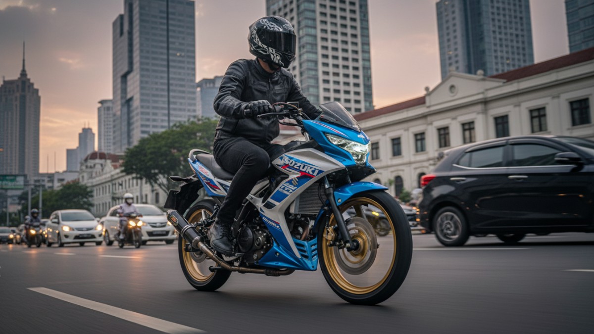 Suzuki Satria Pro 2026 di jalan kota menonjolkan desain sport dan performa modern.
