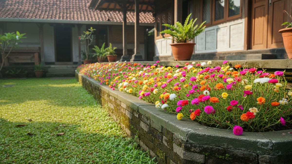 Barisan krokot di pinggir teras membentuk garis warna rapi pada halaman rumah