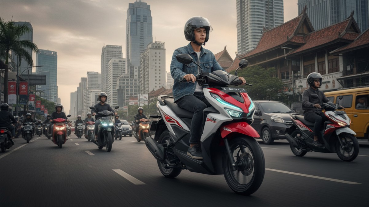 Detail desain ringkas Honda BeAT 2026 di jalan kota padat.