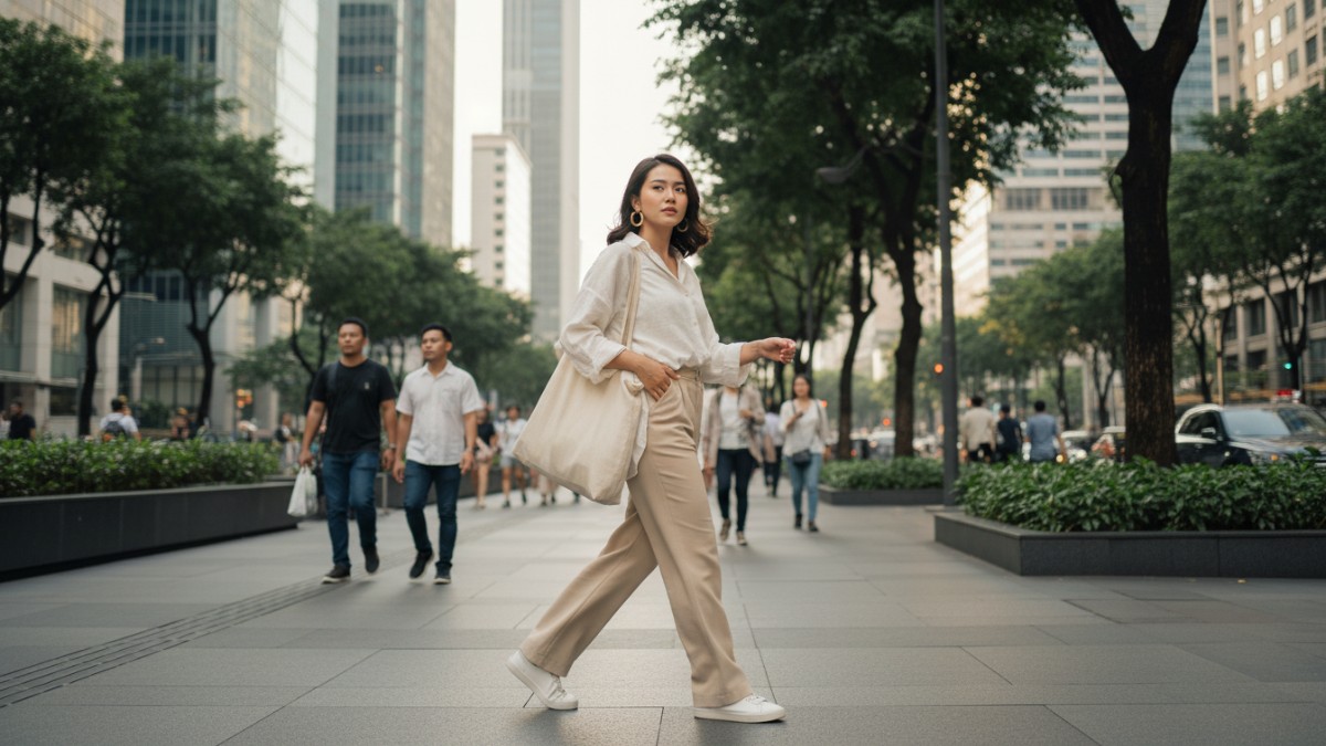 berpakaian modern dengan siluet longgar dan warna netral.