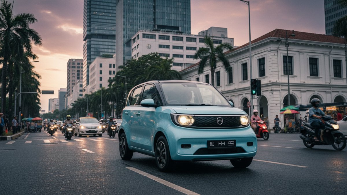 Wuling Air EV digunakan di jalan perkotaan menampilkan mobil listrik ringkas yang efisien untuk mobilitas harian.