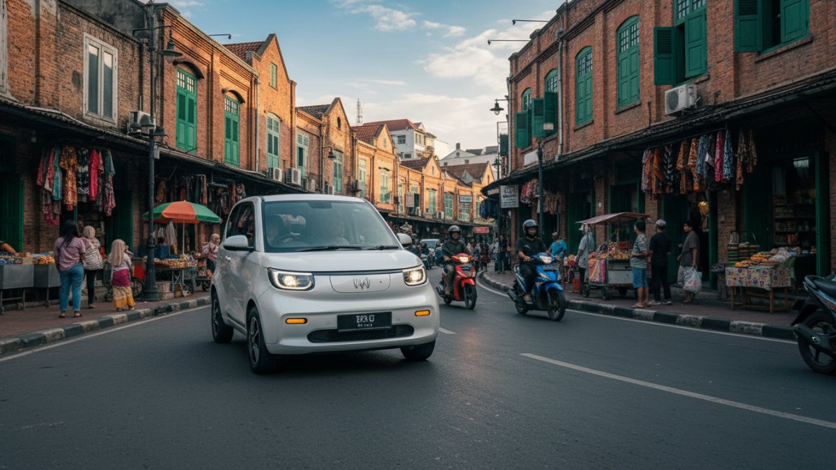 Tampilan dimensi kecil Wuling Air EV saat bermanuver di jalan sempit kota.