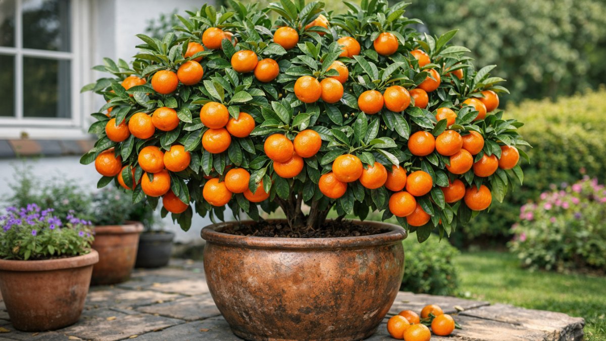Jeruk keprok dalam pot besar dengan buah matang merata.
