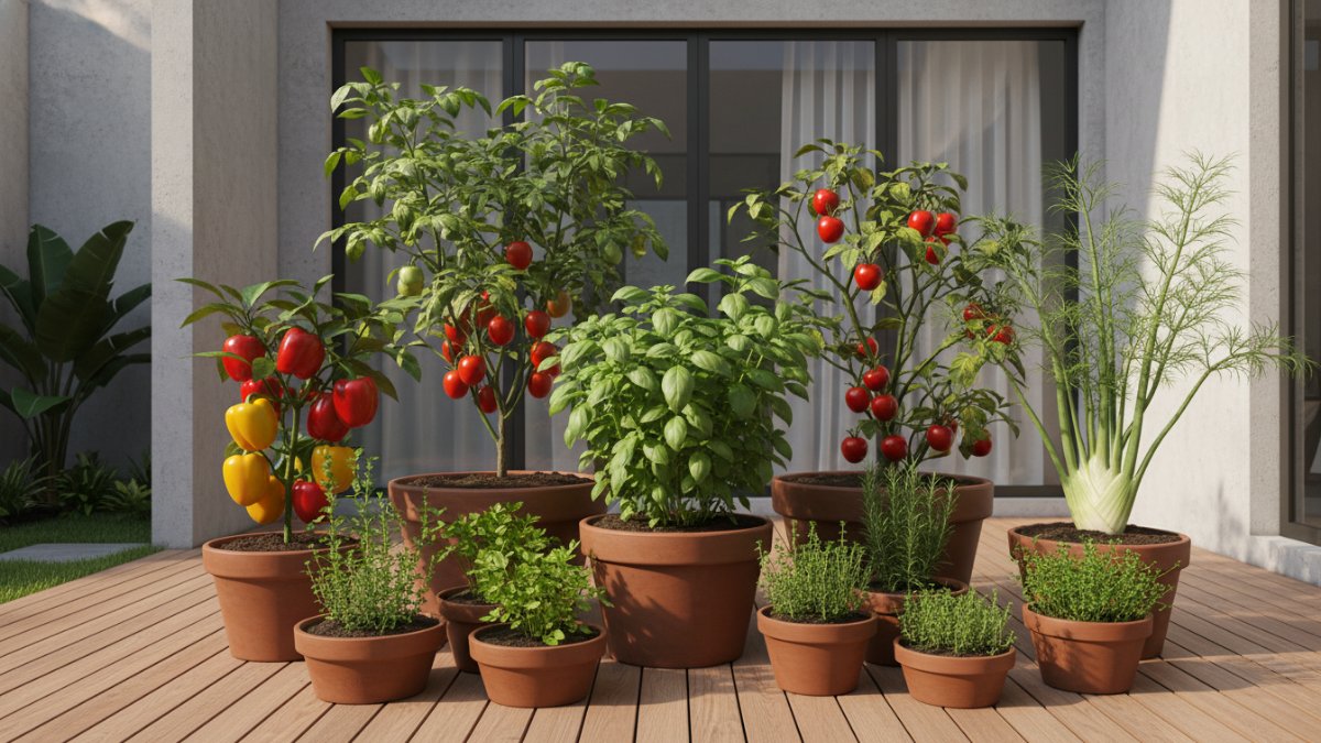 Susunan pot herbal Italia di teras rumah dengan basil dan oregano